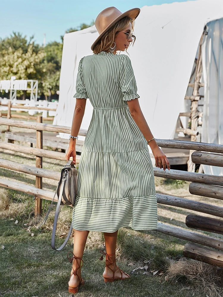 Women's Causal Striped Tassel Medium Long Dress V Neck Button Short Sleeve Spring Summer Dress
