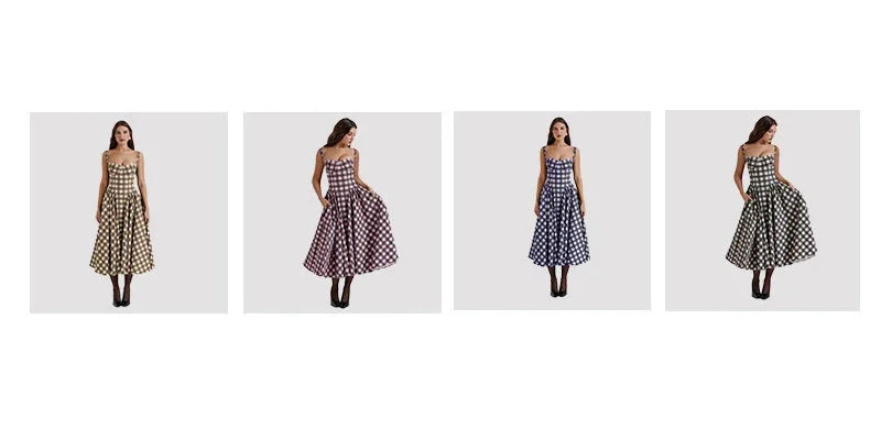 Women's French Style Long Dress with Solid/Floral/Checkered Multi Color Options Knee-Length Dress 2025 New Arrival