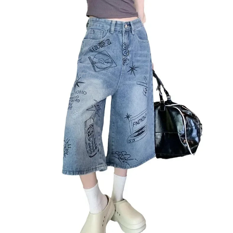 American Style Retro Street Women's Mid-Length Jeans Graffiti Design Loose Straight Cut Shorts Casual Fashionable Denim Shorts