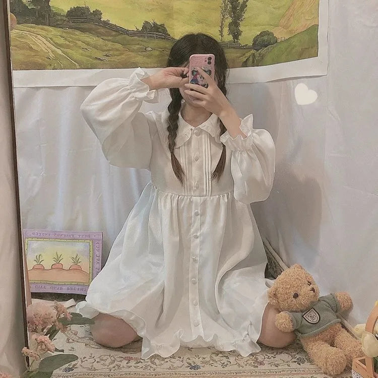 Women's Summer Spring Dress White Black Long Sleeves Lolita Dresses Ruffles Peter Pan Collar Preppy Style Princess Fairy Cute