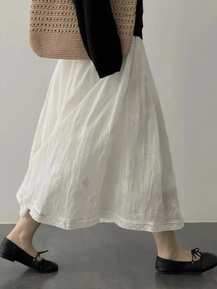 French Style A- Line Cotton Linhing Skirt Women's Summer High Waist Slimming Loose Midi Skirt Tea Break Fashion plus Size