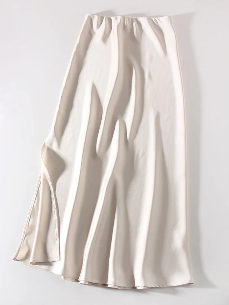 Long Satin Skirts For Women Summer High Quality Skirt With Slit On The Side Silk Elegant Black Maxi Luxury Women's Skirts 2025
