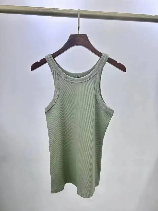 (High Quality)2025 Women Tops Racer Vest Women Solid Color All-match Elastic Cotton Espera Base Vest LUXURY Nordic Style Casual