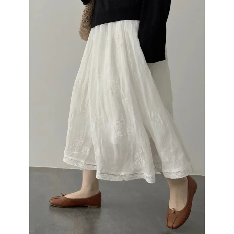 French Style A- Line Cotton Linhing Skirt Women's Summer High Waist Slimming Loose Midi Skirt Tea Break Fashion plus Size