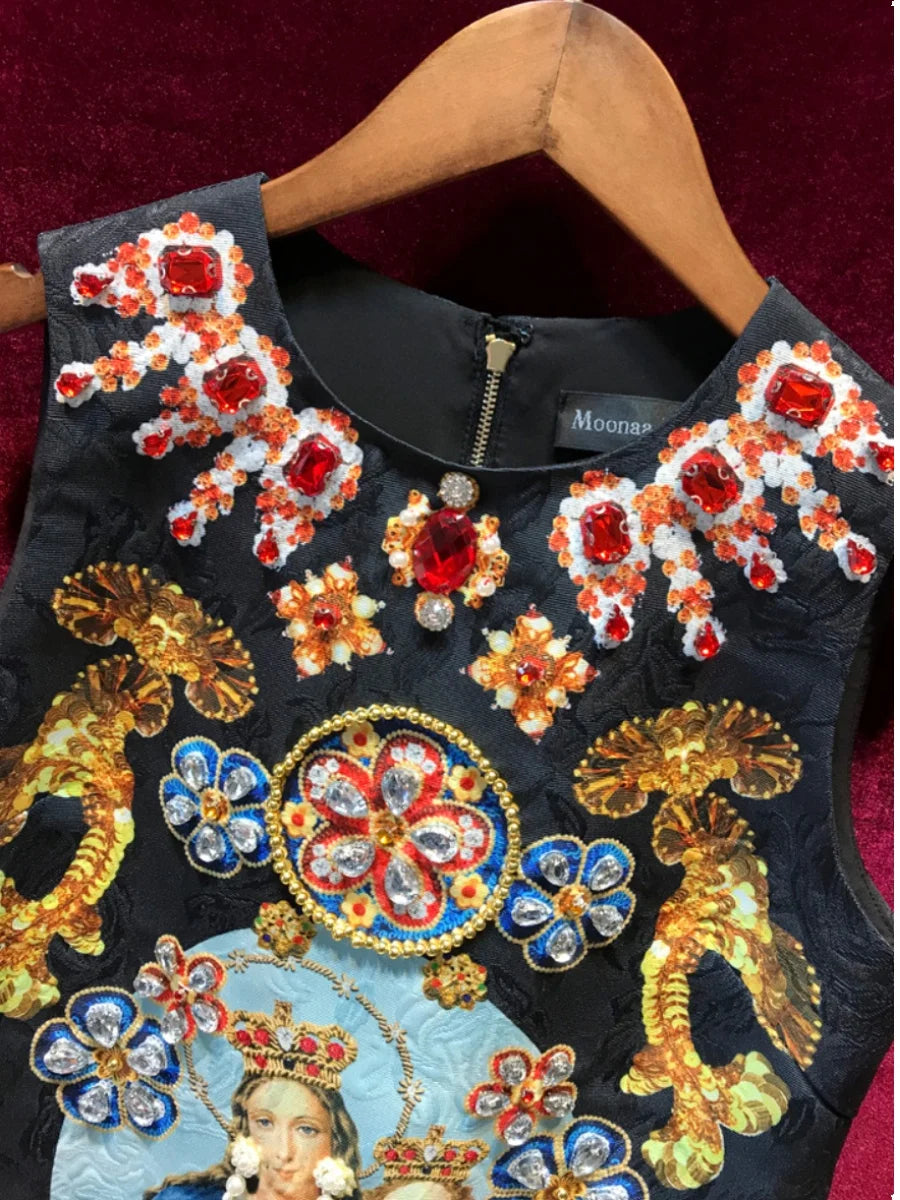 Retro Court Print Slimming Vest Dress Spring and Summer Fashion Heavy Diamond High-End Elegant Sleeveless Black Dresses Women