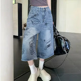 American Style Retro Street Women's Mid-Length Jeans Graffiti Design Loose Straight Cut Shorts Casual Fashionable Denim Shorts