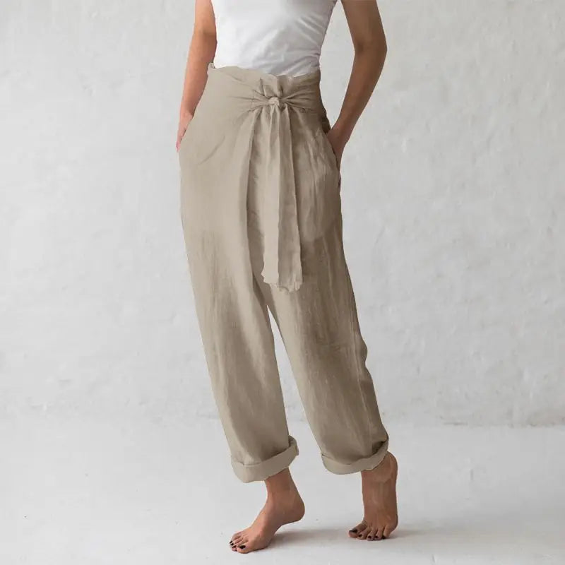 Women Solid Color Elastic Binding Foot Casual Pocket Pants Summer 2024 Elegant Lady Cotton Line High Wasit Women Pants
