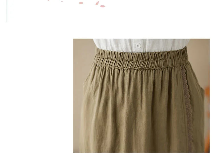 High Waist Casual Embroidery Skirts Women New Arrival 2024 Summer Vintage Style Solid Cotton Linen Female A-line Long Skirt