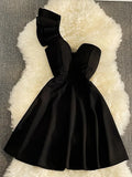 Women Black White Ruffled One Shoulder Sleeveless Mini Dress Strapless Mesh Patchwork High Waist A-line Party Dress Vestidos