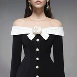 Preorder Hepburn Style Spliced Mini Black Dress French Noble One Shoulder Suit Dress A- Line Skirt Women Polyester Fiber Full Sl