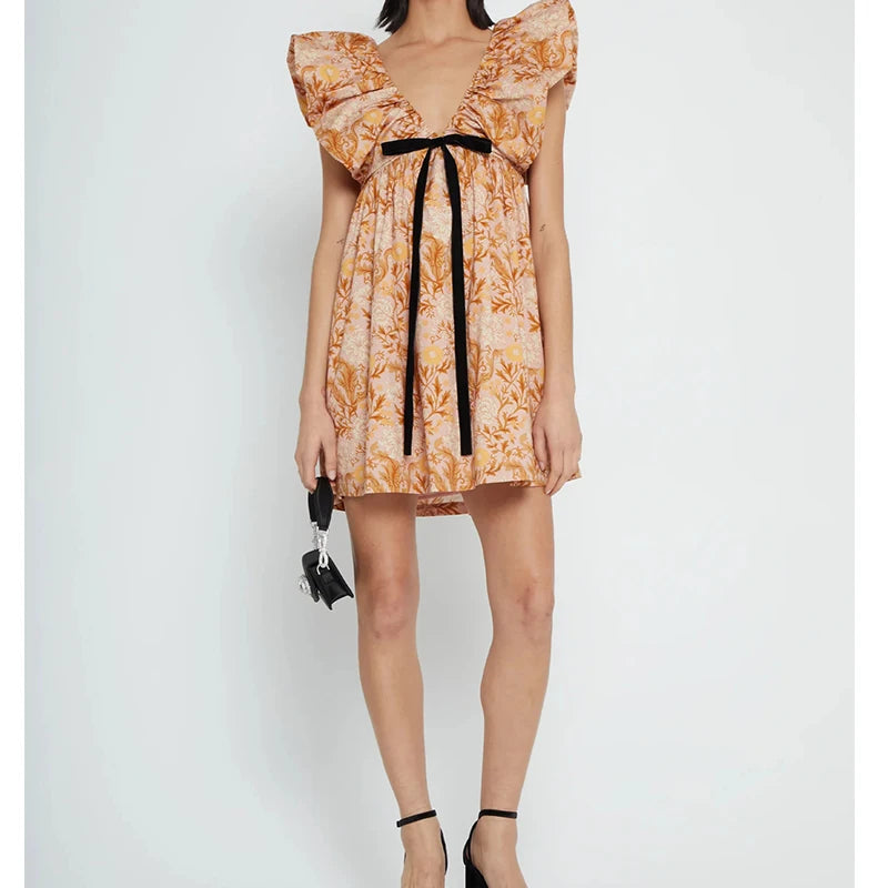 Women Vintage y2k Fairy Floral Print Mini Dress Boho V Neck Puff Sleeve Short Dress Bow Tie Flowy Dress Beach Holiday Sundress