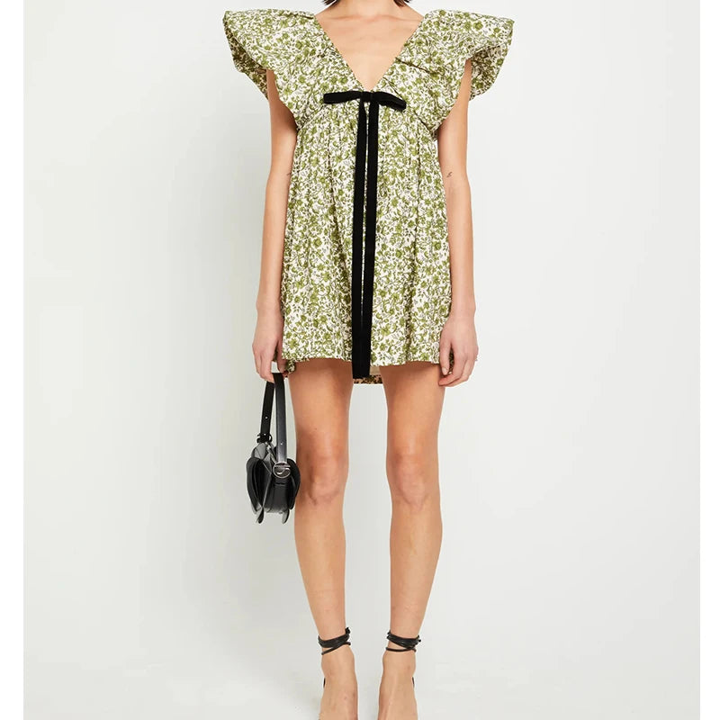 Women Vintage y2k Fairy Floral Print Mini Dress Boho V Neck Puff Sleeve Short Dress Bow Tie Flowy Dress Beach Holiday Sundress