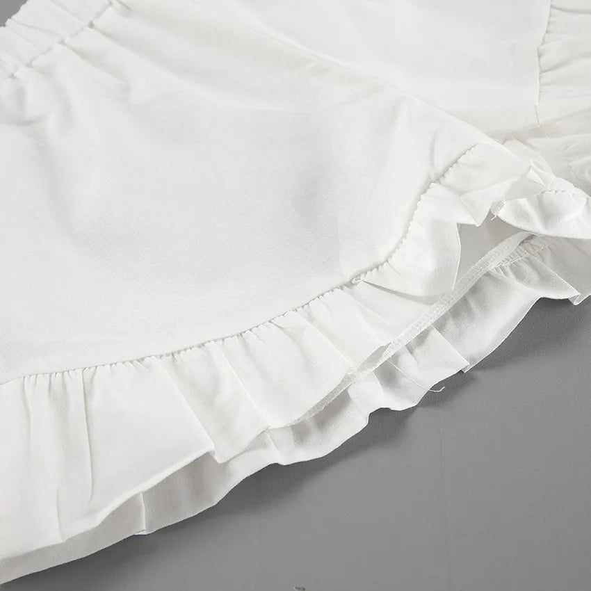 Tuularose White V-neck Shorts Set 2025 Summer Patchwork Lacing Cotton Linen Loose Women Two Piece Casual Solid Long Sleeve Suit