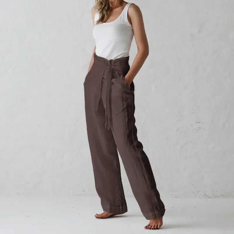 Women Solid Color Elastic Binding Foot Casual Pocket Pants Summer 2024 Elegant Lady Cotton Line High Wasit Women Pants