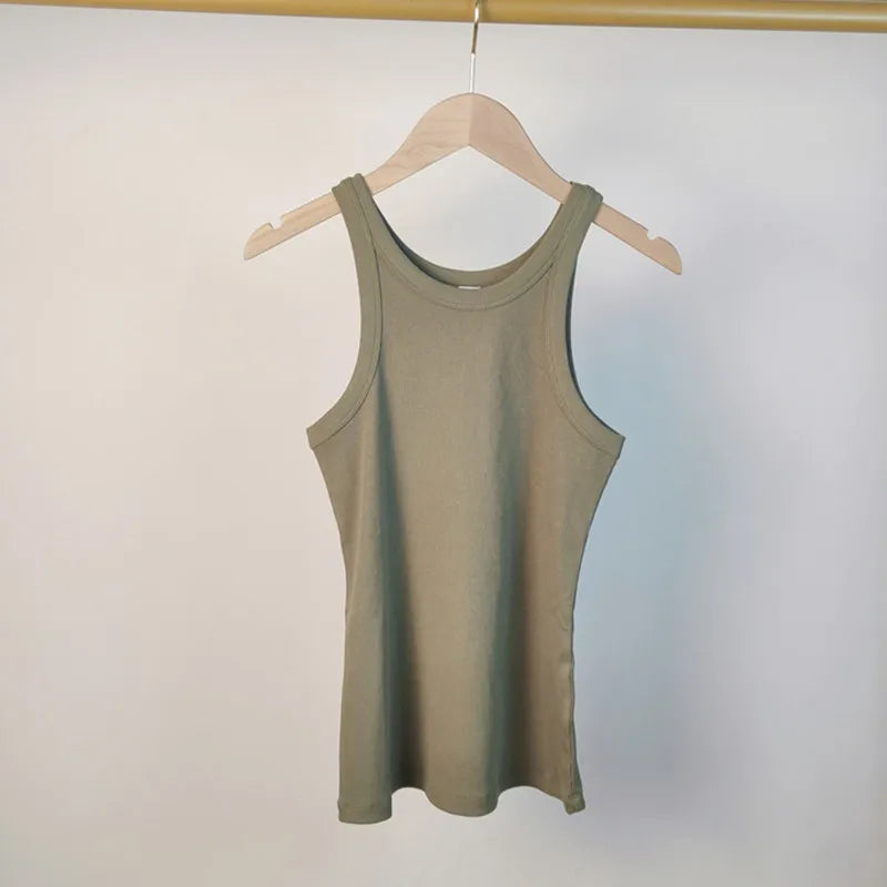 (High Quality)2025 Women Tops Racer Vest Women Solid Color All-match Elastic Cotton Espera Base Vest LUXURY Nordic Style Casual