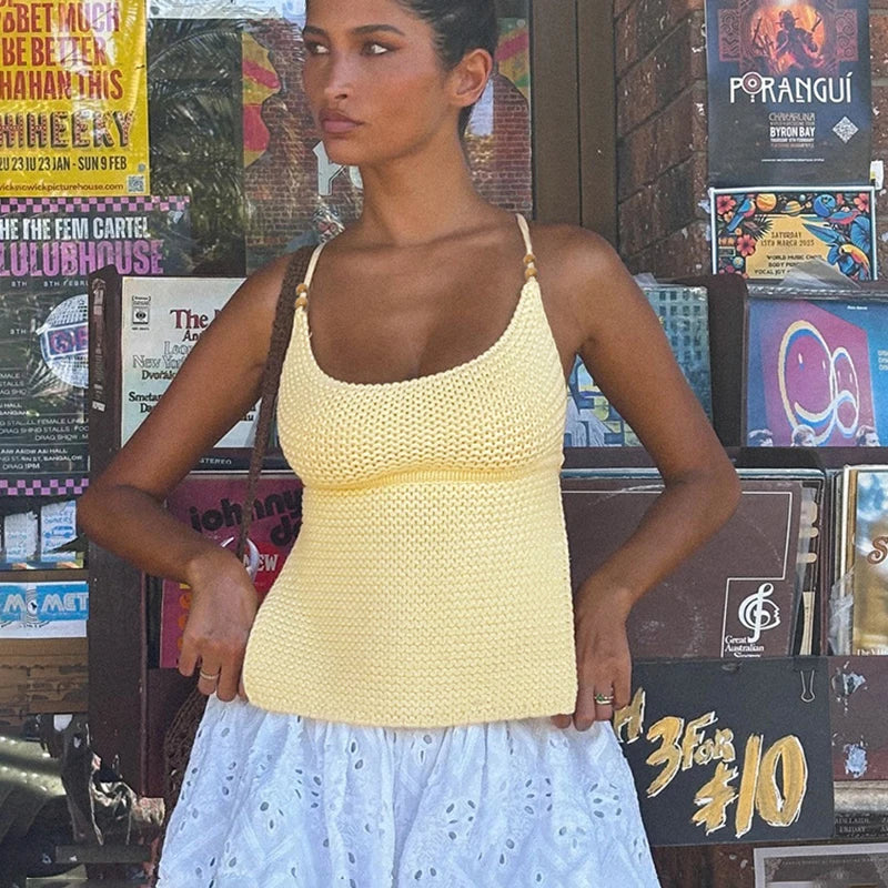TARUXY Knitted Hollow Tanks Top Female Sexy Backless Lace Up Solid Sweater Vest Slim Halter Short Tops Casual 2025 Summer New