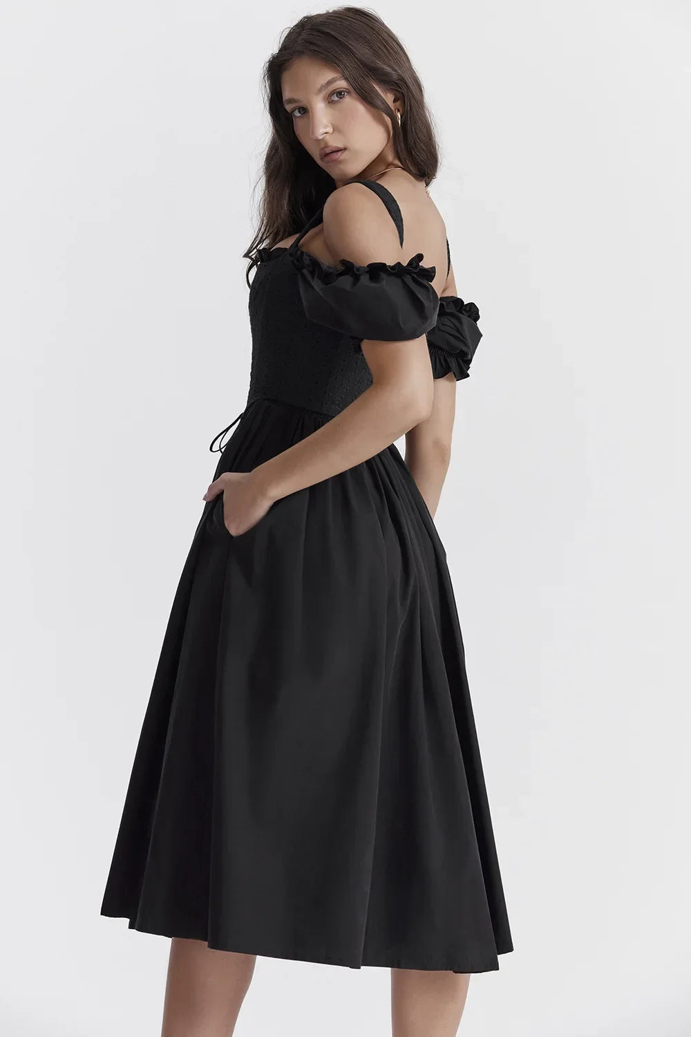 Classic Black One-Shoulder Short-Sleeve Women's Dress Elegant Waist-Cinched Midi Skirt Fashionable Ankle-length Gown