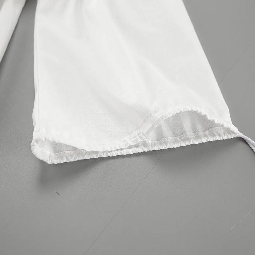 Tuularose White V-neck Shorts Set 2025 Summer Patchwork Lacing Cotton Linen Loose Women Two Piece Casual Solid Long Sleeve Suit