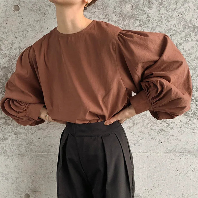 Japan Style Office Lady Elegant Vintage Blouse Women O-neck Loose Lantern Sleeve Shirts Solid All-amtch Blusas Autumn Ladies Top