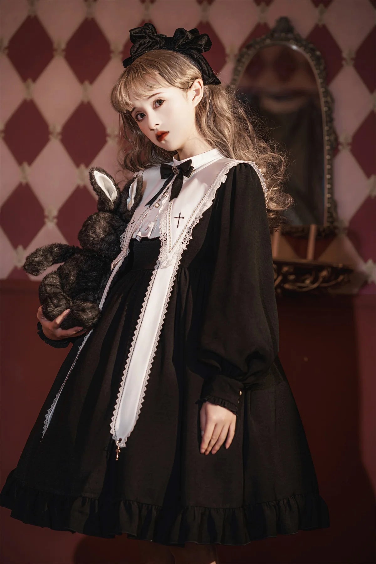 Contract Color Lolita Dress for Women Gothic Style Dark Girl Japanese Retro Op Dress Autumn and Winter Long Sleeve Black Dress