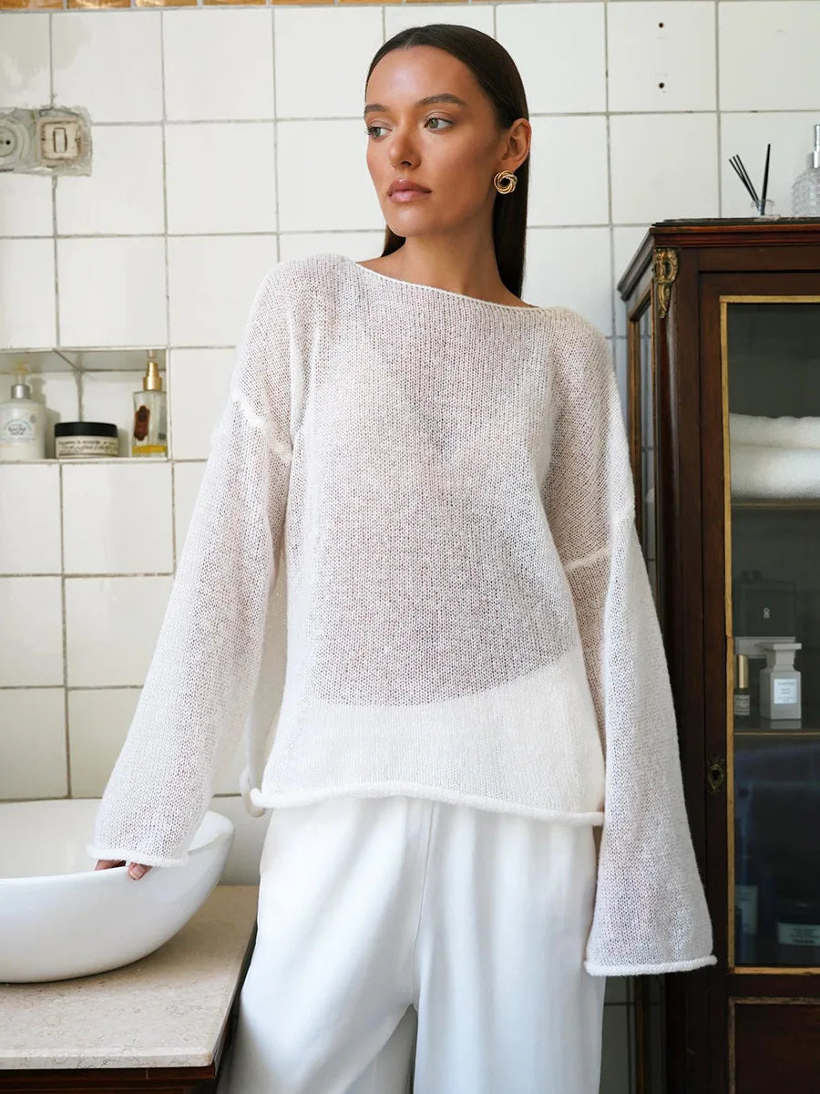 Original Fashion Hollow Out Knit Shirt Spring And Summer Women's Perspective Thin O-Neck Loose Elastic Long Sleeve Knit T-shirt