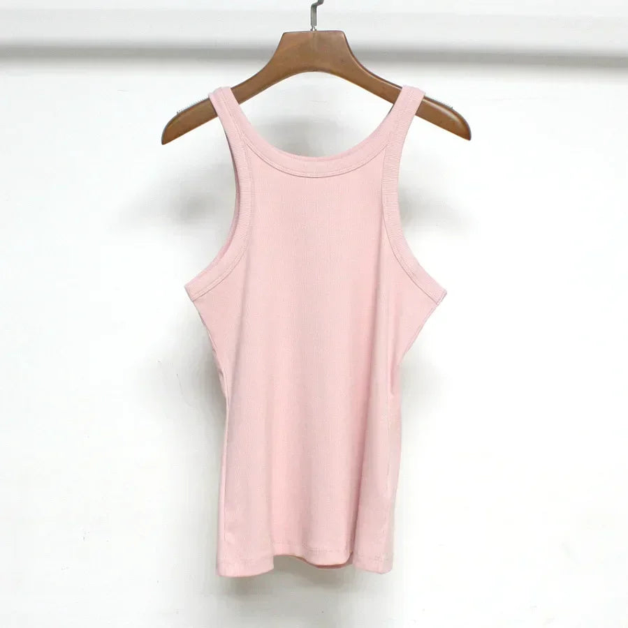 (High Quality)2025 Women Tops Racer Vest Women Solid Color All-match Elastic Cotton Espera Base Vest LUXURY Nordic Style Casual