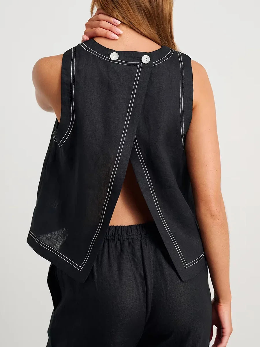 Wolfeel Cotton Linen Vest Wide Leg Long Pants Set Women's Pants Sleeveless Top Casual Suit 2025 Spring Summer New Pant Sets