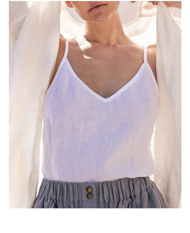 Pure Color Cotton Linen Sleeveless V-Neck Women's Tank Top Loose Fit Simple Style Outerwear Casual Comfortable Vest