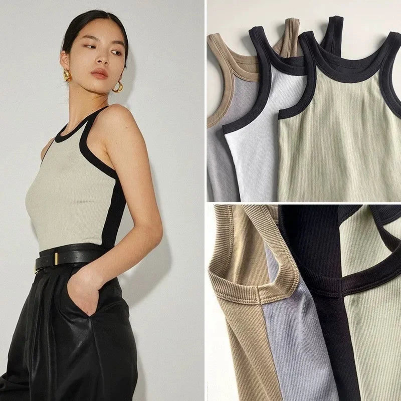 (High Quality)2025 Women Tops Racer Vest Women Solid Color All-match Elastic Cotton Espera Base Vest LUXURY Nordic Style Casual
