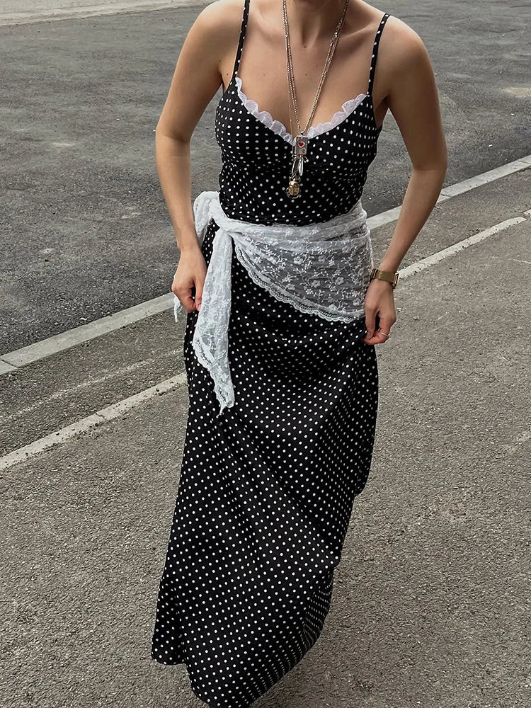 Talenza Black Lace Long Dress Women Fashion Polka Dot Printed Sleeveless Halter Dress Summer Sexy High Waist Party Evening Dress