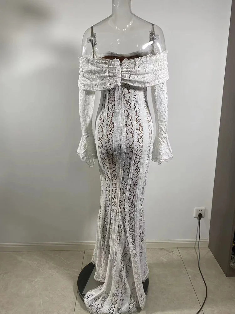 TARUXY Black Lace Flare Sleeve Dress One-Shoulder Women's Slim Tight Waist Sexy Gown Dress Elegant Strapless Long Fishtail Dress