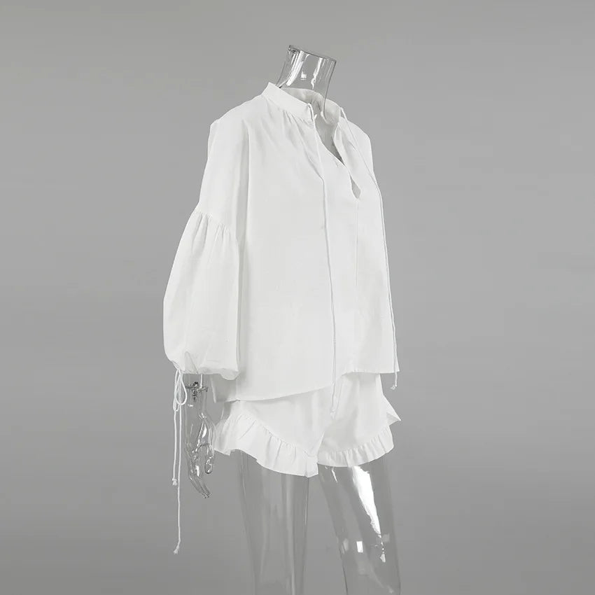 Tuularose White V-neck Shorts Set 2025 Summer Patchwork Lacing Cotton Linen Loose Women Two Piece Casual Solid Long Sleeve Suit