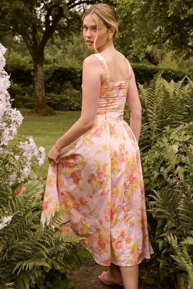 SAW Independent Station Pure Desire Square Collar Dress with Pocket Pink Print Ribbon Corduroy Sleeveless Women's Dress