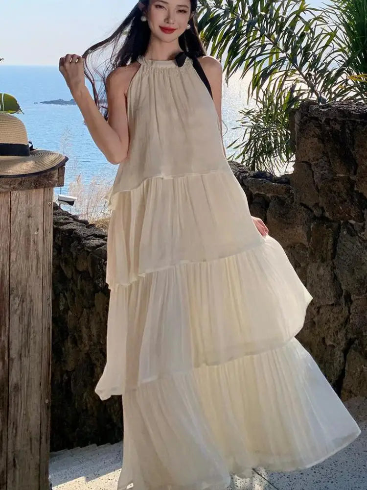 Vintage Women Beige Elegant Off Shoulder Evening Party Dress Summer Sleeveless Vacation Pleated Halter Cake Long Sundress Simple