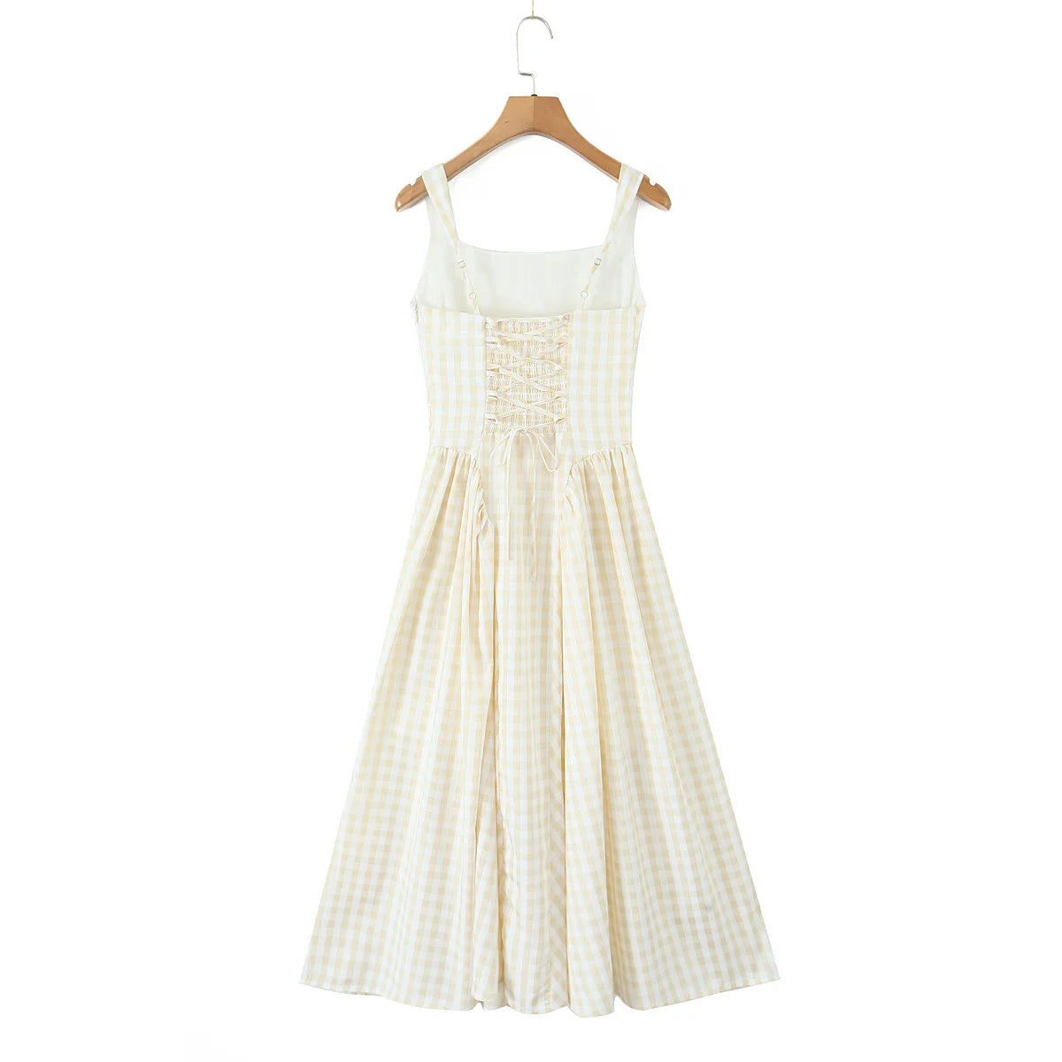 Sexy Sleeveless Elegant Plaid Dress Women Lace Up Back A-line Midi Summer Dresses Party Robe