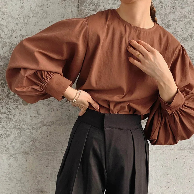 Japan Style Office Lady Elegant Vintage Blouse Women O-neck Loose Lantern Sleeve Shirts Solid All-amtch Blusas Autumn Ladies Top