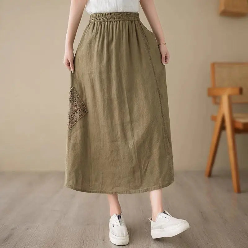 High Waist Casual Embroidery Skirts Women New Arrival 2024 Summer Vintage Style Solid Cotton Linen Female A-line Long Skirt