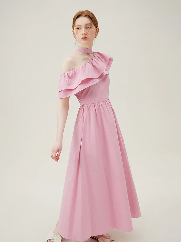FSLE Black Women Dress 100% Cotton Ankle-Length Women Summer Dress One-shoulder Sleeve Ruffled Pink Maxi Dress 24FS18015