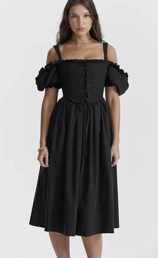 Classic Black One-Shoulder Short-Sleeve Women's Dress Elegant Waist-Cinched Midi Skirt Fashionable Ankle-length Gown