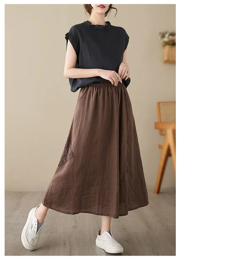 High Waist Casual Embroidery Skirts Women New Arrival 2024 Summer Vintage Style Solid Cotton Linen Female A-line Long Skirt