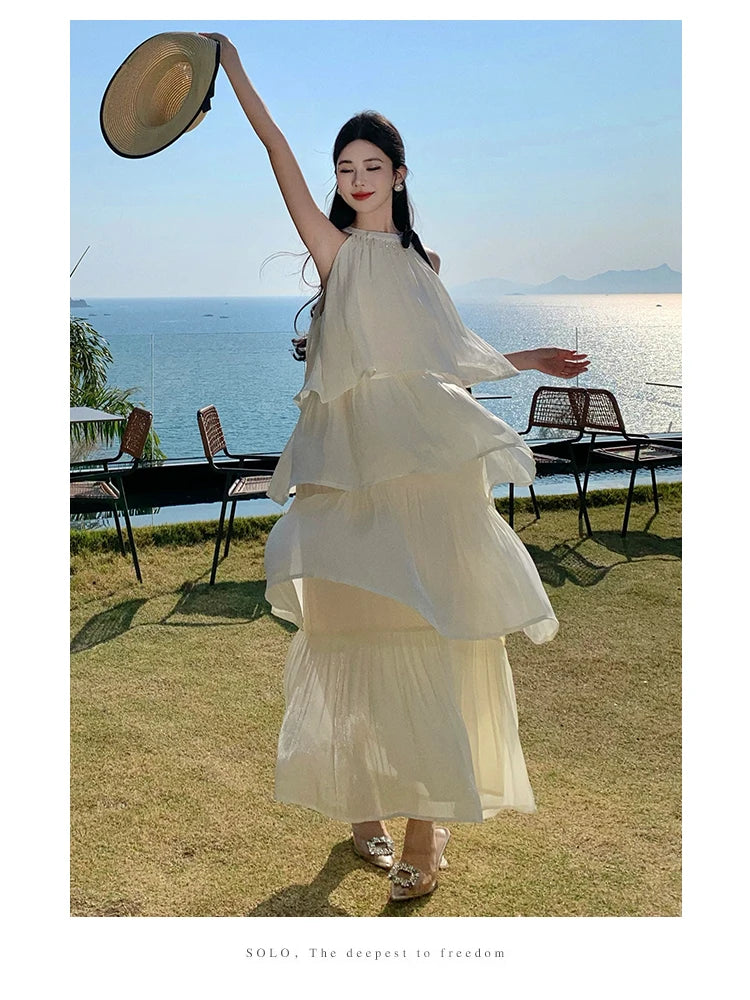Vintage Women Beige Elegant Off Shoulder Evening Party Dress Summer Sleeveless Vacation Pleated Halter Cake Long Sundress Simple