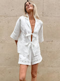 TARUXY Fashion White Cotton Linen Hollow Out Lace Up Top And Short Pants Suit Women's Loose Top Casual Splice Sets Lady Summer