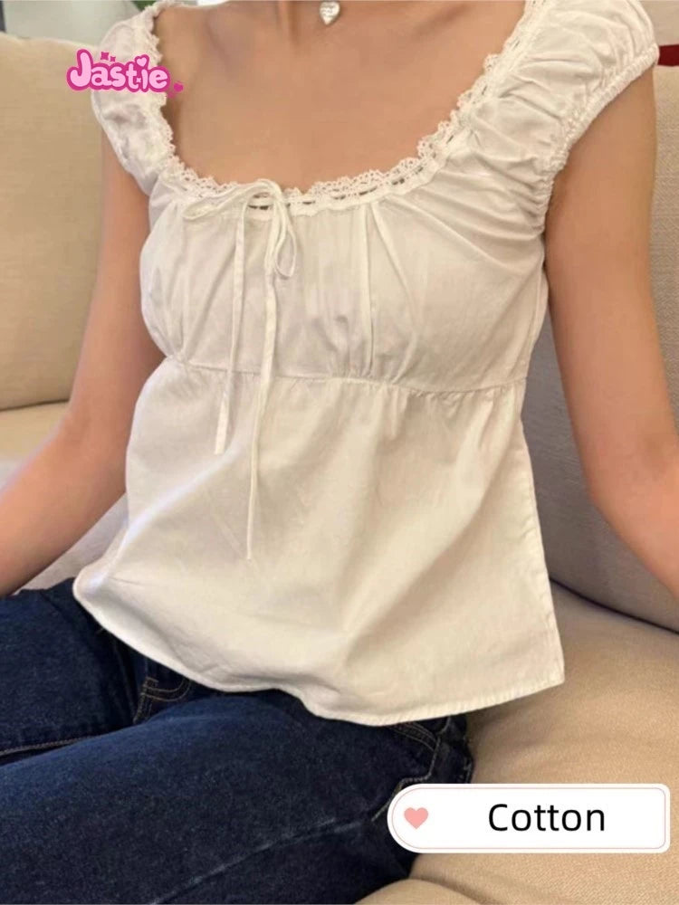 2024 New White Lace Tied Square Neck Summer T-shirts Chic Elegant Short Sleeve Tee Cotton Y2K Street Casual Bow Tie-up Top Women