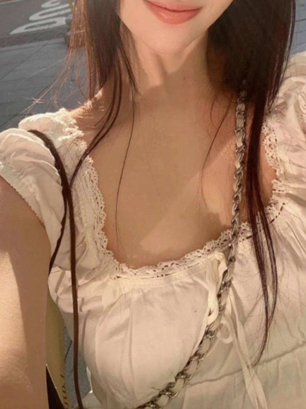 2024 New White Lace Tied Square Neck Summer T-shirts Chic Elegant Short Sleeve Tee Cotton Y2K Street Casual Bow Tie-up Top Women