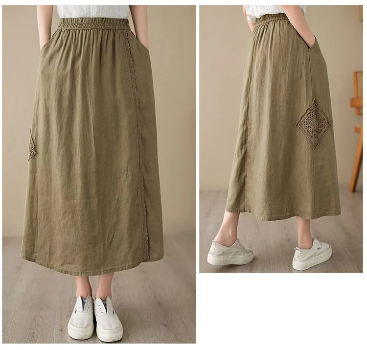 High Waist Casual Embroidery Skirts Women New Arrival 2024 Summer Vintage Style Solid Cotton Linen Female A-line Long Skirt
