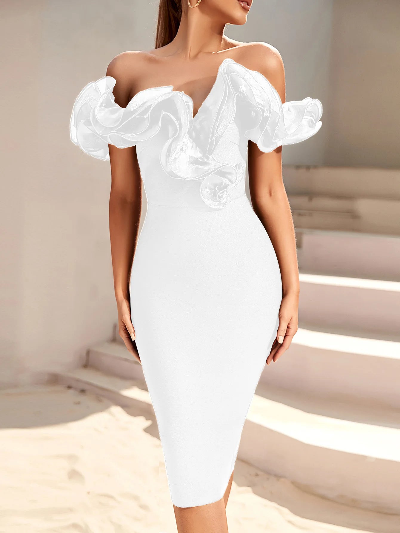 Women's Off Shoulder Bandage Midi Dress Luxury Design Ruffled Elegant Black Sleeveless Ruffled Sexy Club Party Evening Dresses