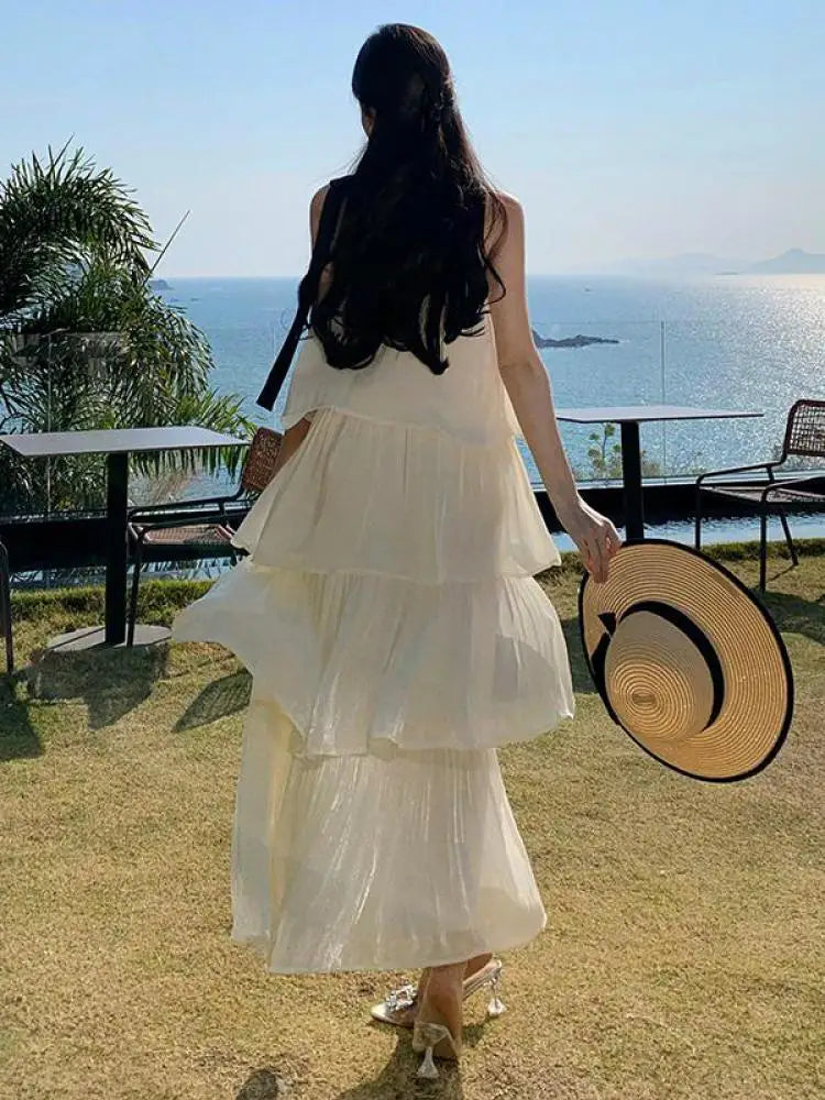 Vintage Women Beige Elegant Off Shoulder Evening Party Dress Summer Sleeveless Vacation Pleated Halter Cake Long Sundress Simple