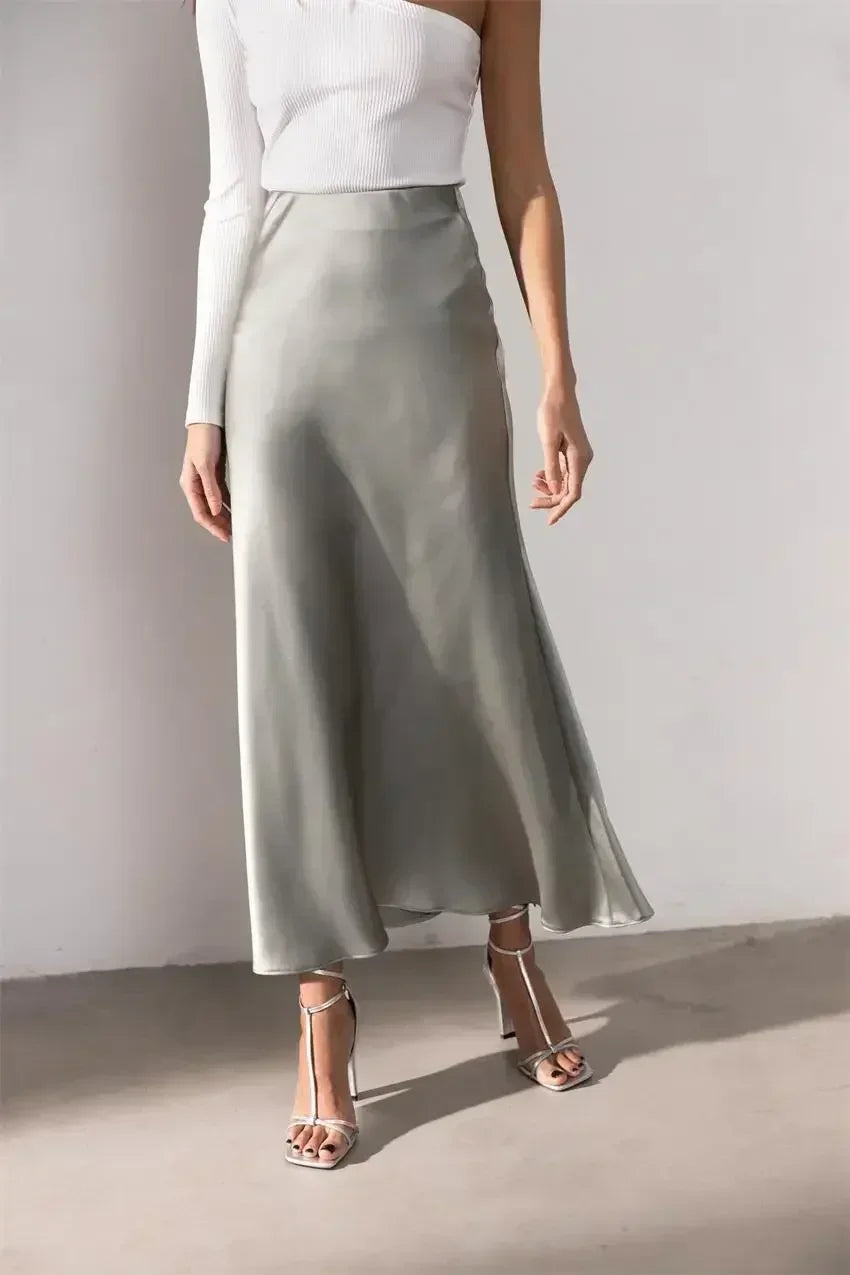 Fashion Women's Skirt A-line Silk High Waist Elegant Skirts Green Blue Long Summer Skirts Korean Side Zipper Office Satin Skirt