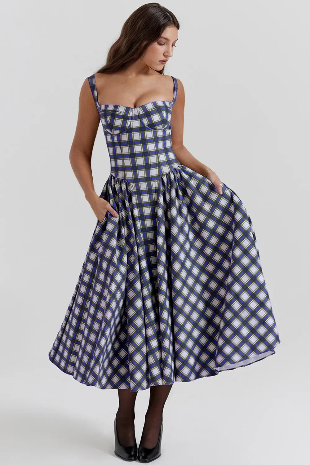 Women's French Style Long Dress with Solid/Floral/Checkered Multi Color Options Knee-Length Dress 2025 New Arrival