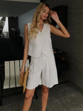 2025 Summer Casual Linen Striped Vest Shorts sets